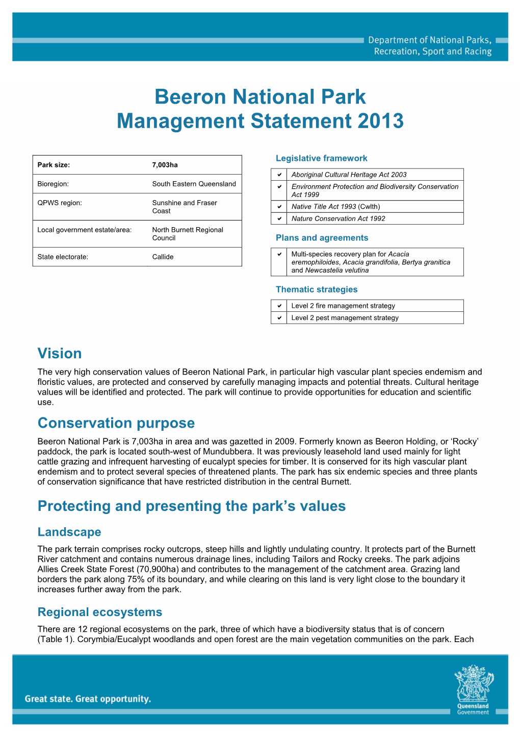 Beeron National Park Management Statement 2013