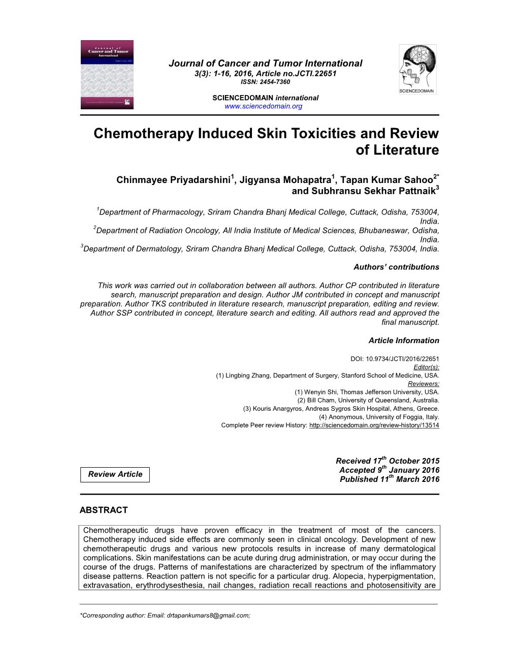 Chemotherapy Induced Skin Toxicities and Review of Literature