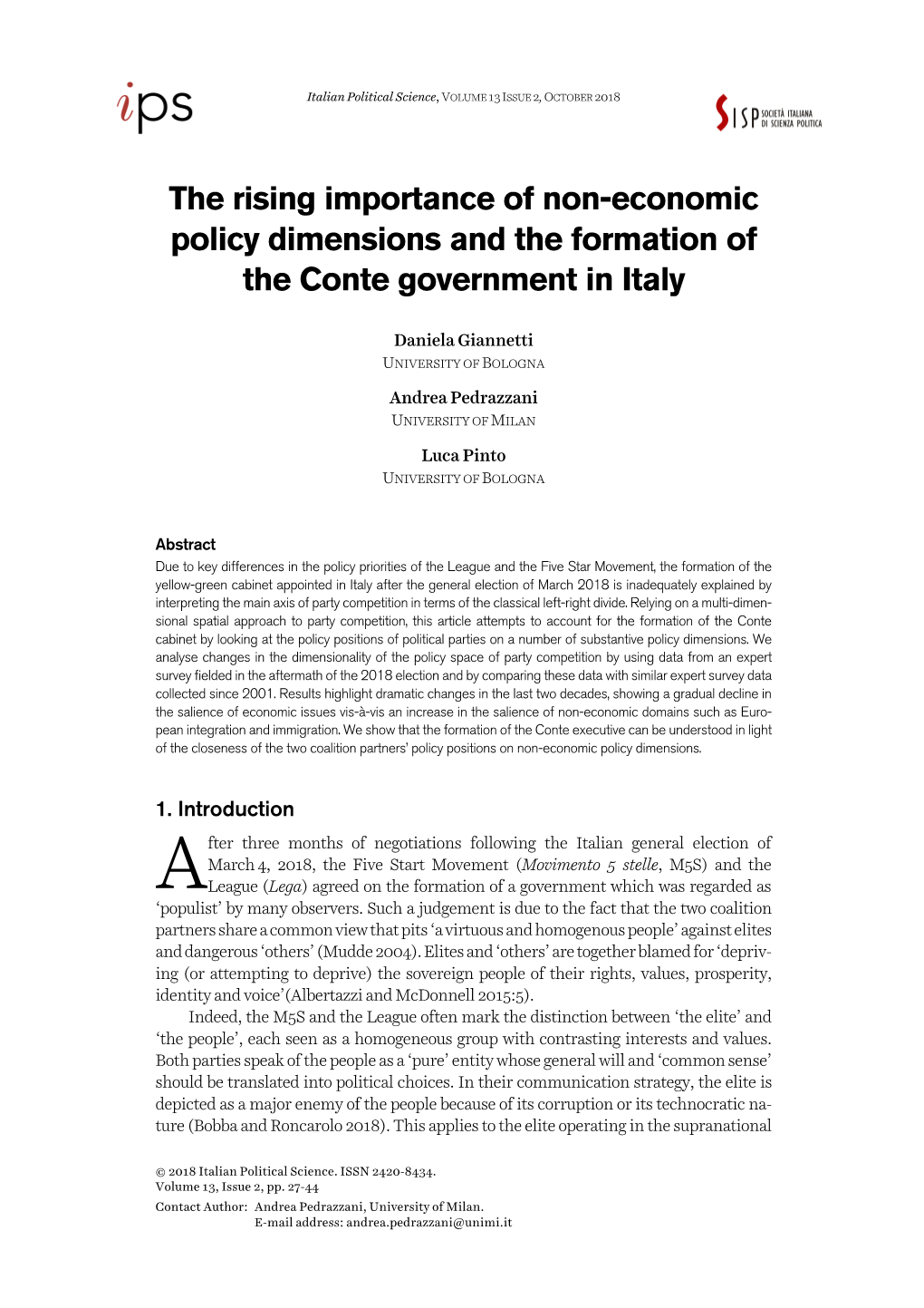 The Rising Importance of Non-Economic Policy Dimensions and the Formation of the Conte Government in Italy