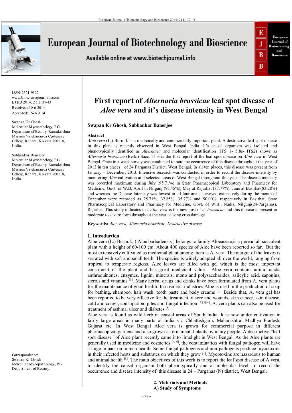 First Report of Alternaria Brassicae Leaf Spot Disease of Aloe Vera and It's Disease Intensity in West Bengal