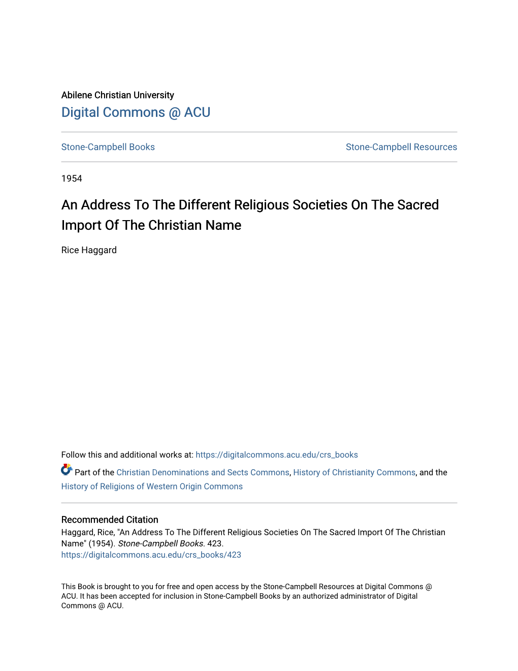 An Address to the Different Religious Societies on the Sacred Import of the Christian Name