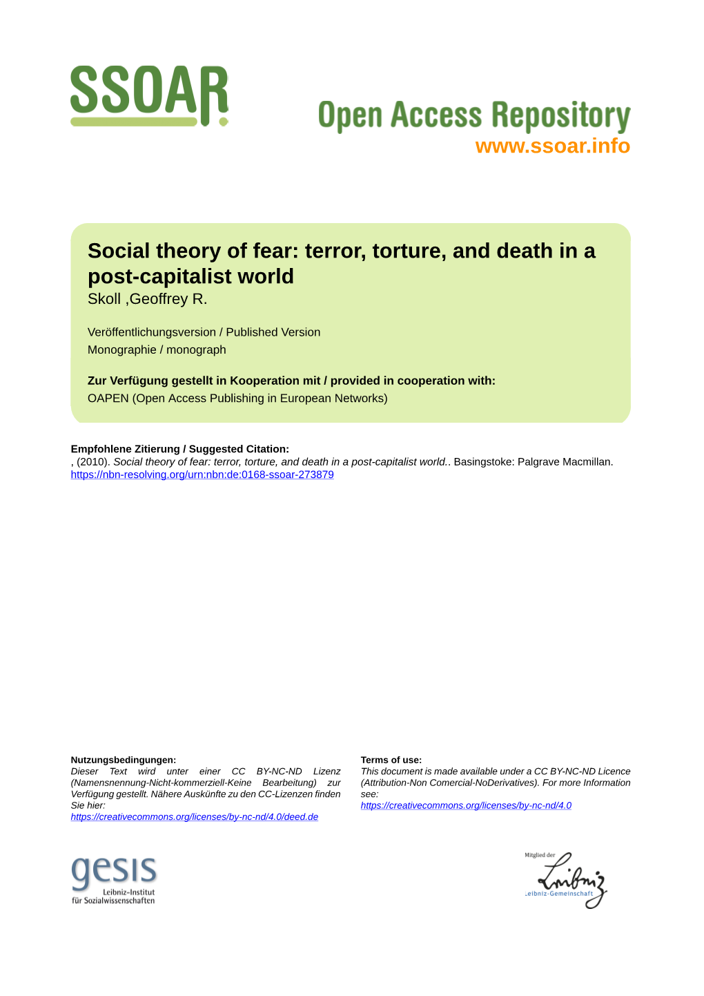 Social Theory of Fear: Terror, Torture, and Death in a Post-Capitalist World Skoll ,Geoffrey R