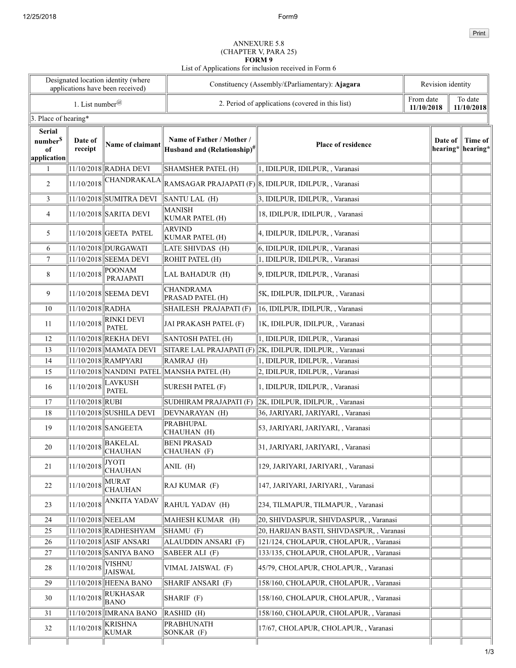 ANNEXURE 5.8 (CHAPTER V, PARA 25) FORM 9 List of Applications For