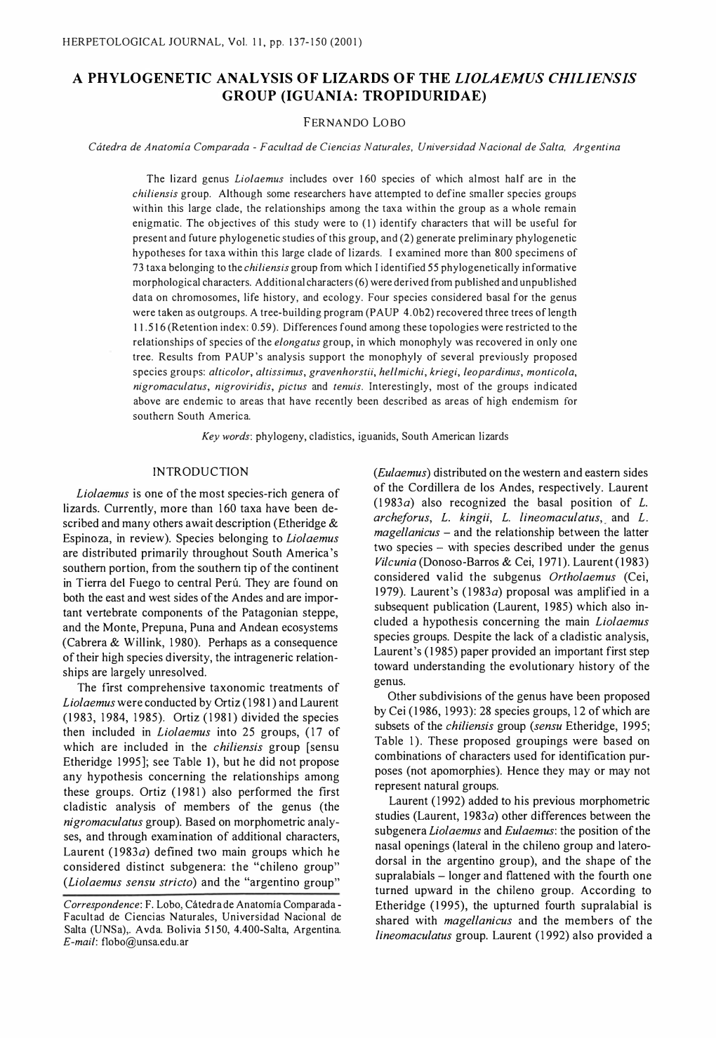 A Phylogenetic Analysis of Lizards of the Liolaemus Chiliensis Group (Iguania: Tropiduridae)