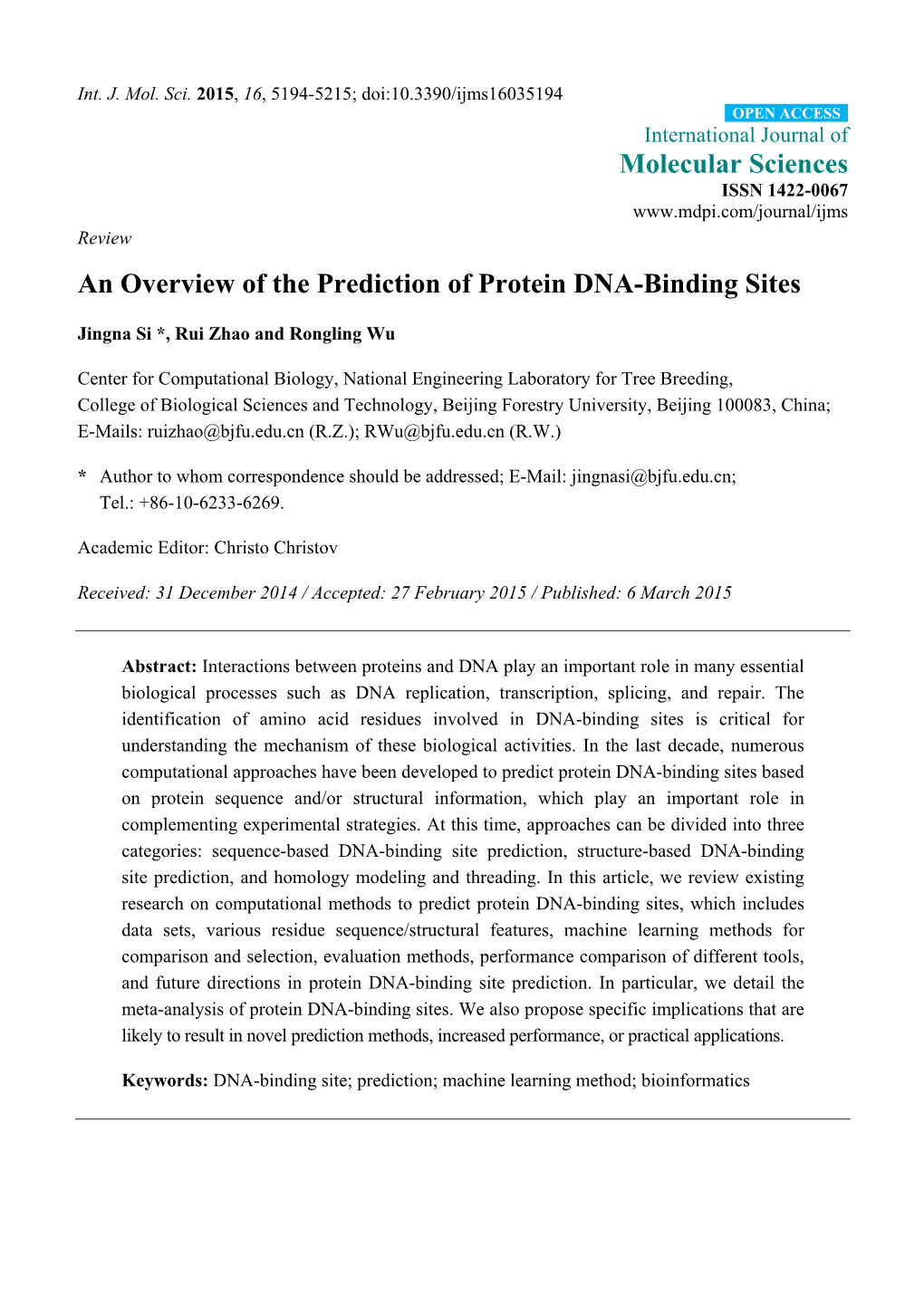An Overview of the Prediction of Protein DNA-Binding Sites