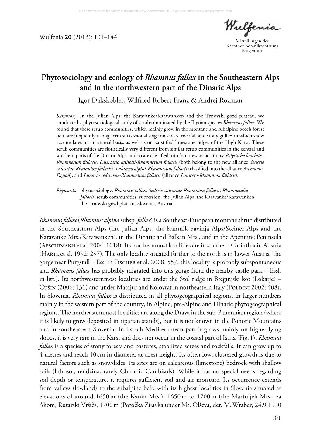 Phytosociology and Ecology of Rhamnus Fallax in The