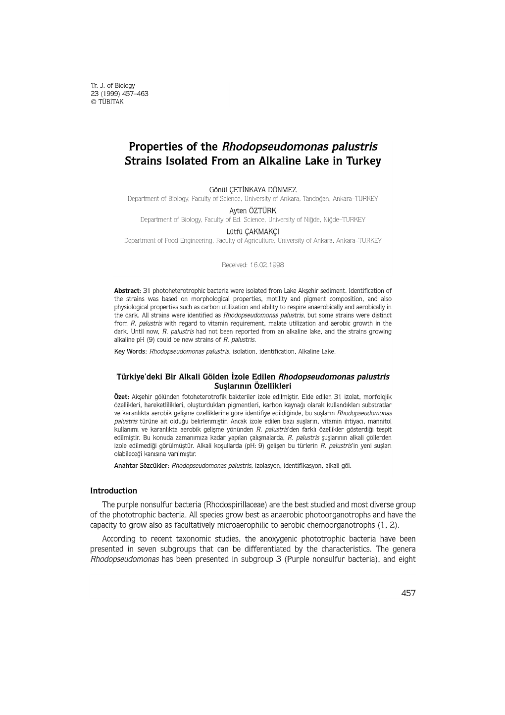 Properties of the Rhodopseudomonas Palustris Strains Isolated from an Alkaline Lake in Turkey