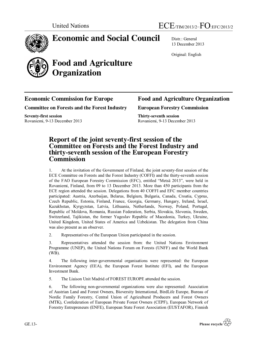 Report of the Joint Seventy-First Session of the Committee on Forests and the Forest Industry and Thirty-Seventh Session of the European Forestry Commission