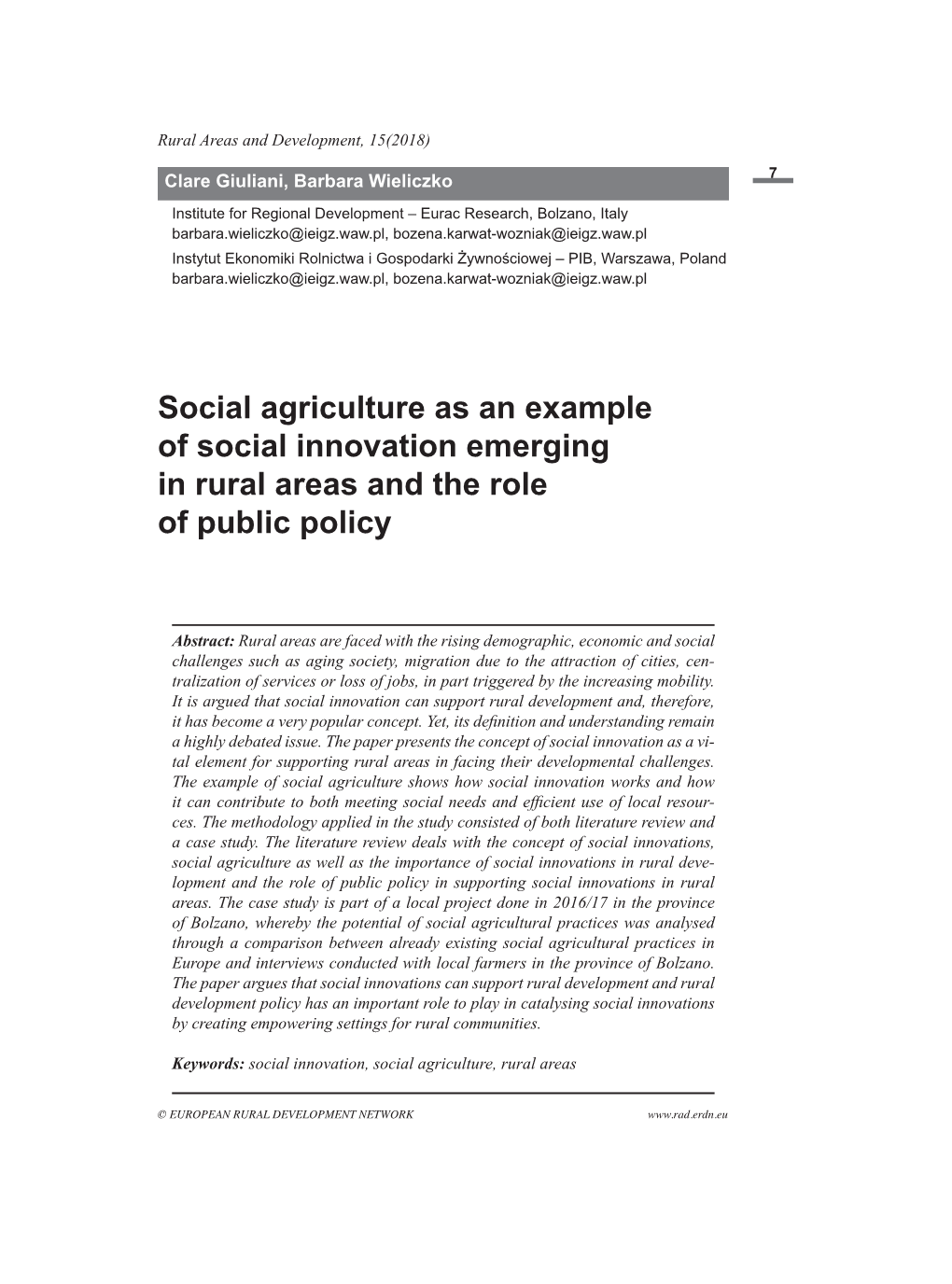Social Agriculture As an Example of Social Innovation Emerging in Rural Areas and the Role of Public Policy