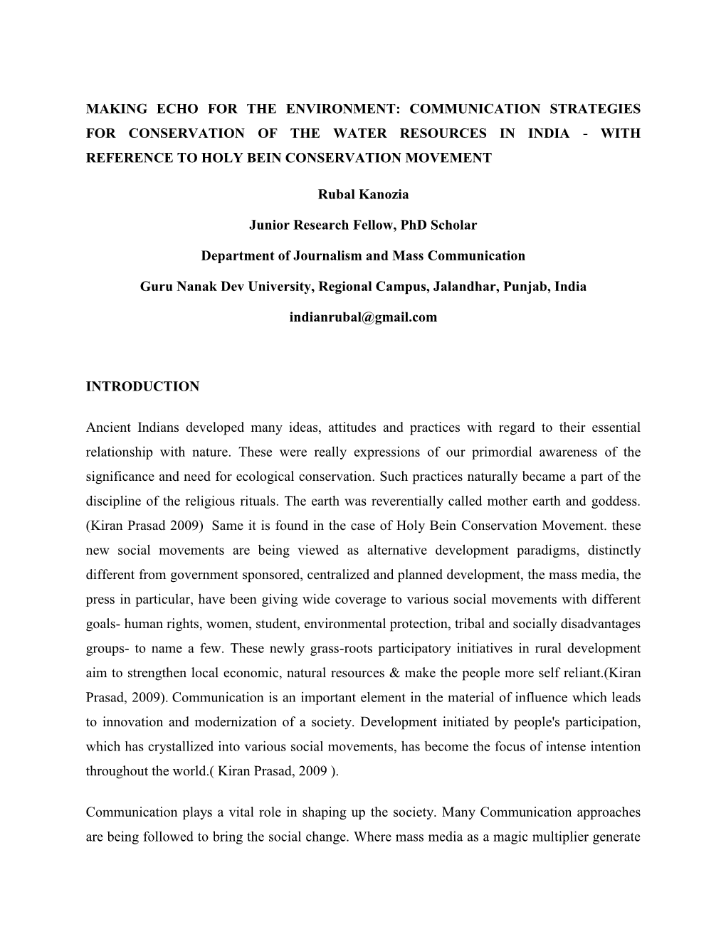 Making Echo for the Environment: Communication Strategies for Conservation of the Water Resources in India - with Reference to Holy Bein Conservation Movement