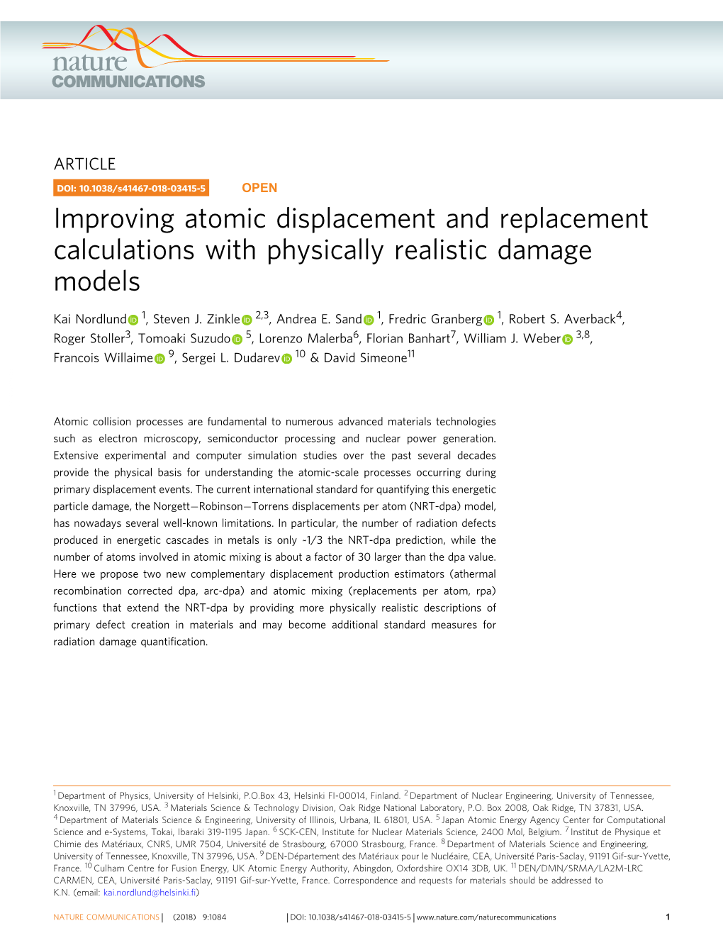 S41467-018-03415-5 OPEN Improving Atomic Displacement and Replacement Calculations with Physically Realistic Damage Models