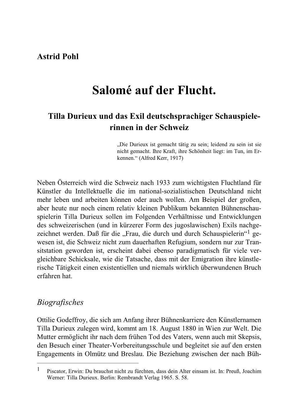 Salomé Auf Der Flucht. Tilla Durieux Und Das Exil Deutschsprachiger