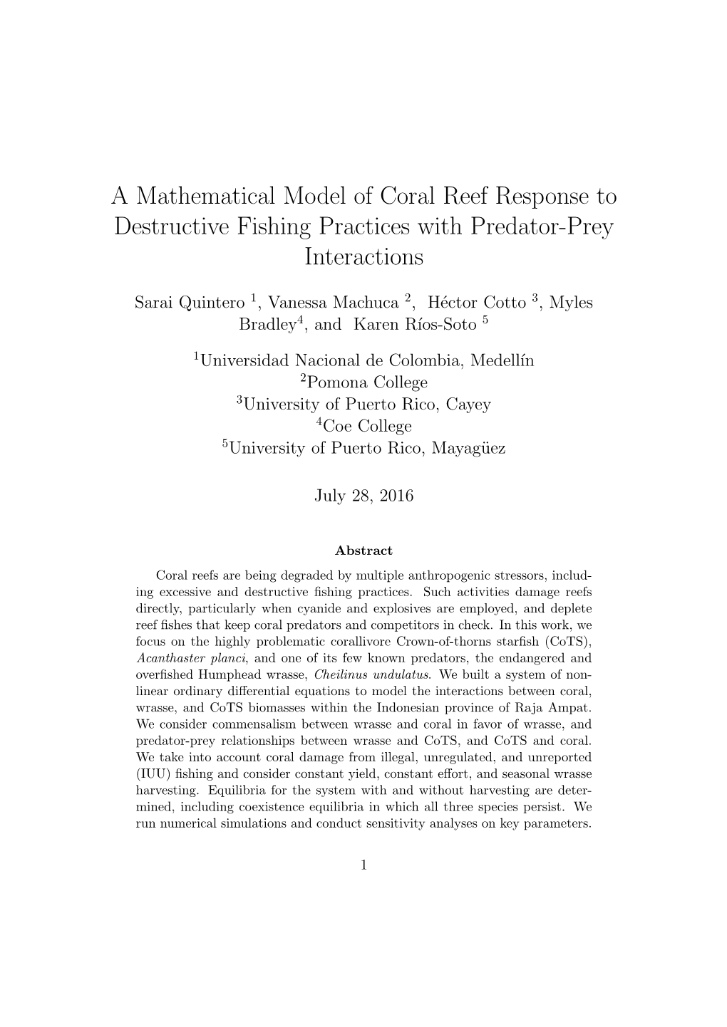 A Mathematical Model of Coral Reef Response to Destructive Fishing Practices with Predator-Prey Interactions