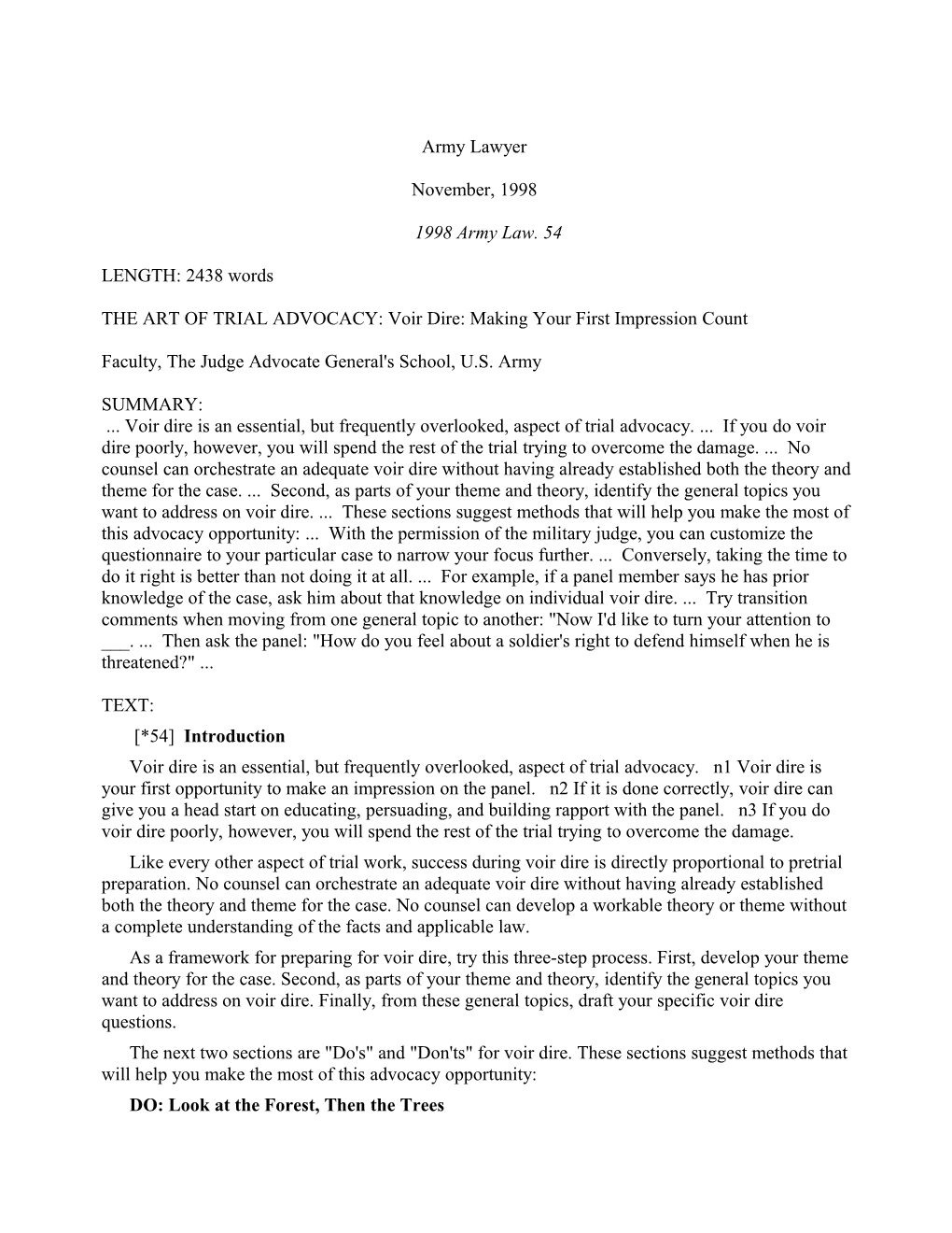 THE ART of TRIAL ADVOCACY: Voir Dire: Making Your First Impression Count