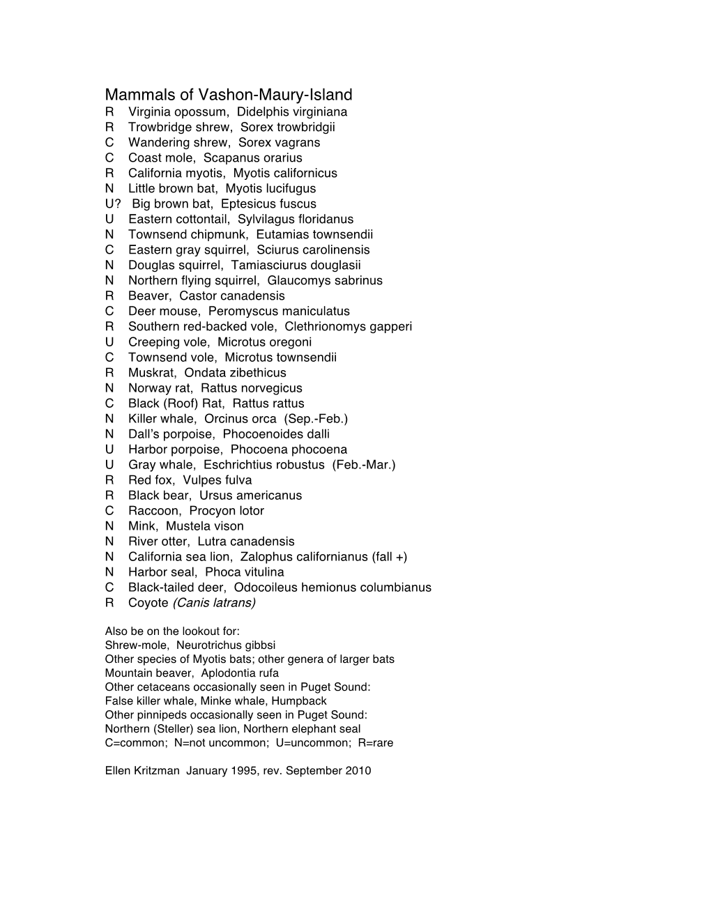 Mammals of Vashon-Maury-Island