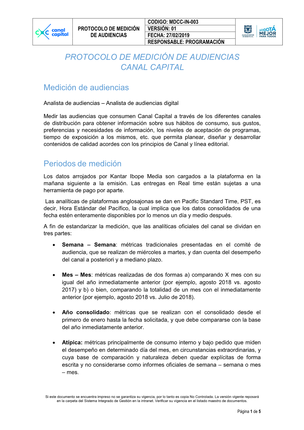 Protocolo De Medición De Audiencias Canal Capital