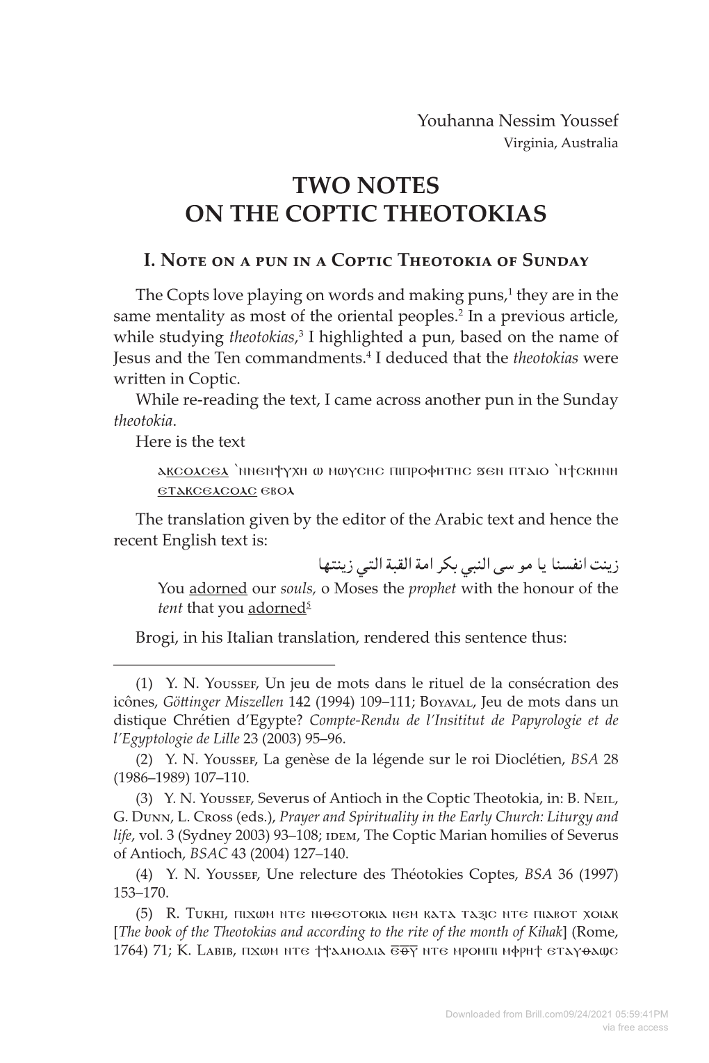 Two Notes on the Coptic Theotokias