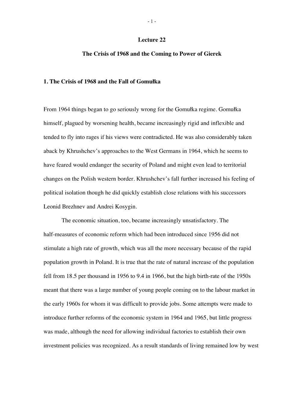 Lecture 22 the Crisis of 1968 and the Coming to Power of Gierek 1. The