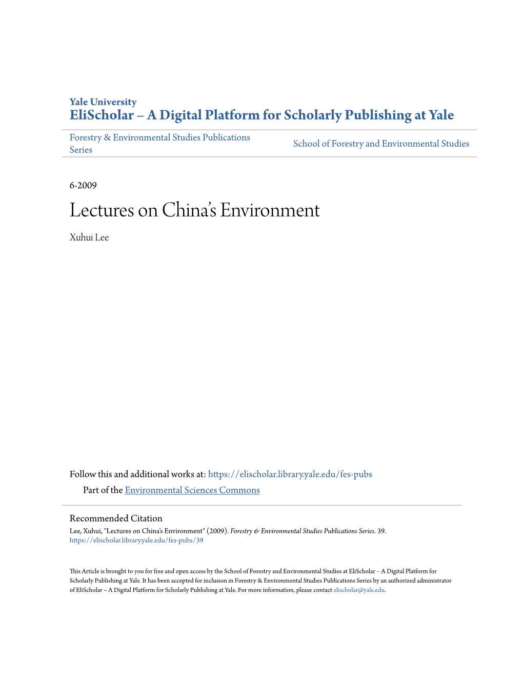 Lectures on China's Environment