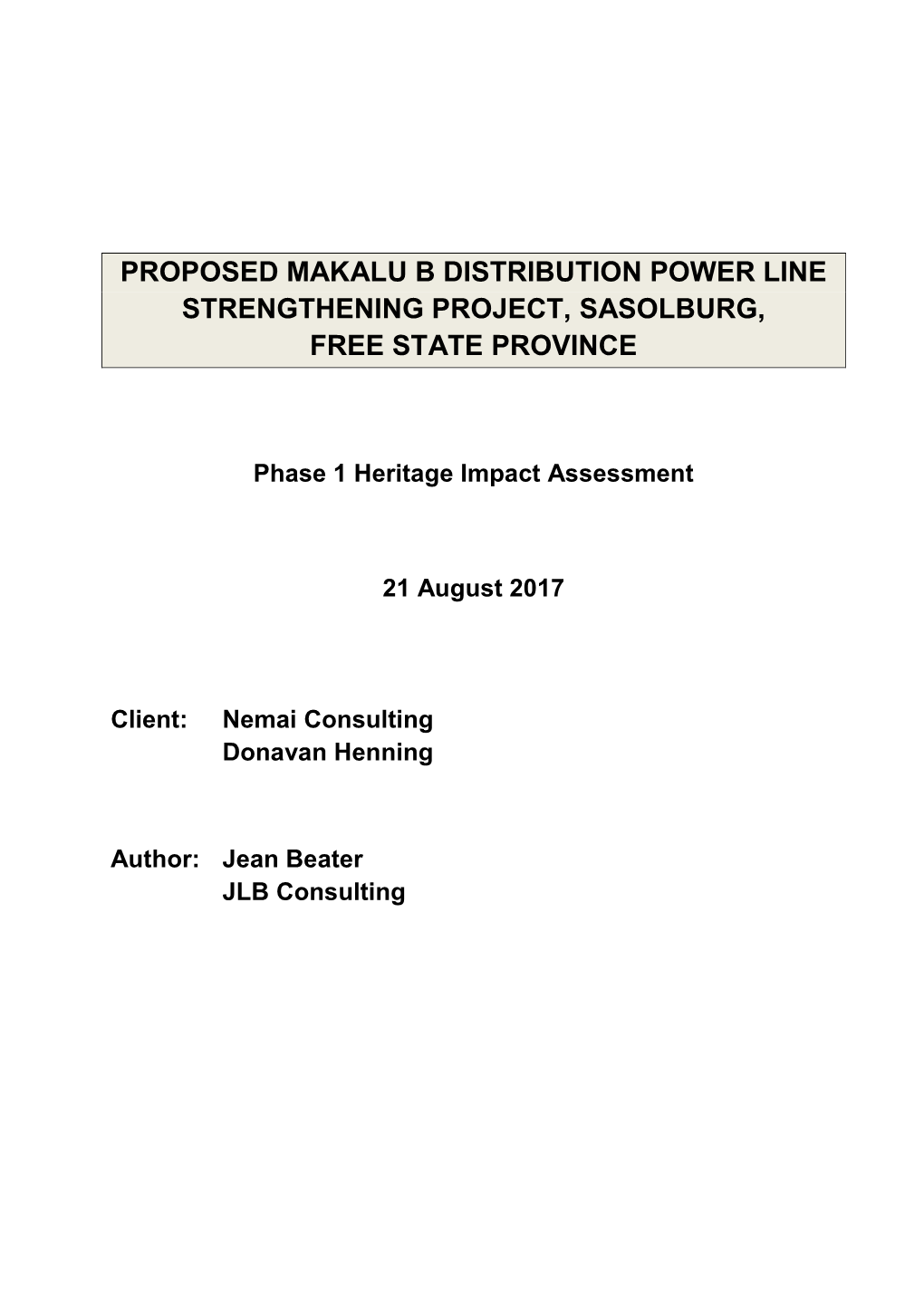 Proposed Makalu B Distribution Power Line Strengthening Project, Sasolburg, Free State Province