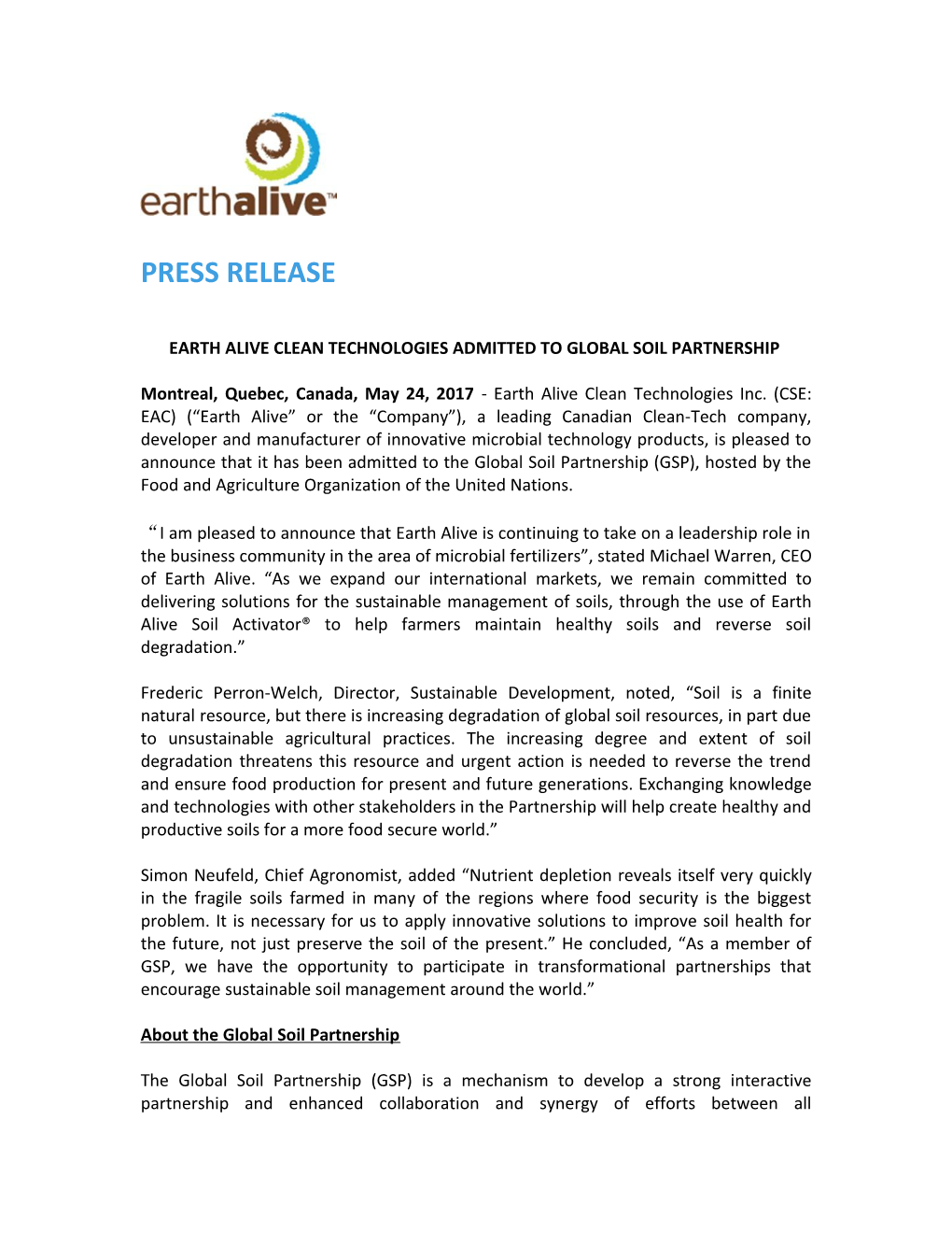 Earth Alive Clean Technologies Admitted to Global Soil Partnership