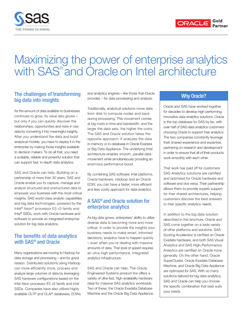 Maximizing the Power of Enterprise Analytics with SAS® and Oracle on Intel Architecture