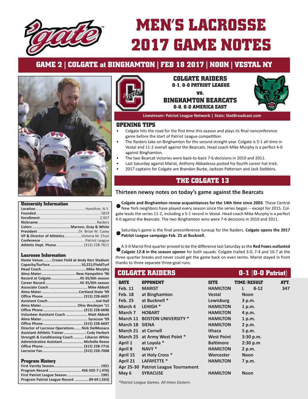 Men's Lacrosse 2017 Game Notes