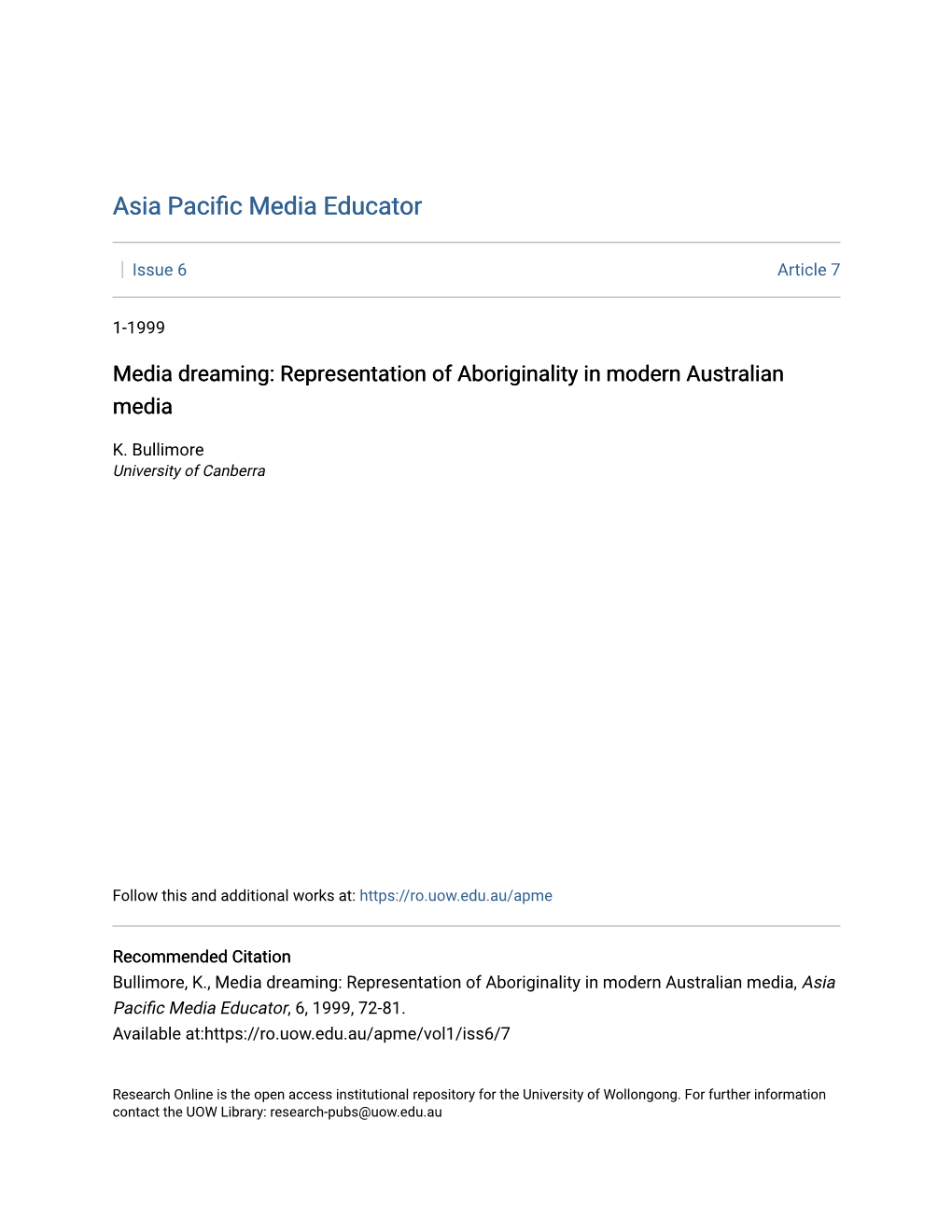 Media Dreaming: Representation of Aboriginality in Modern Australian Media