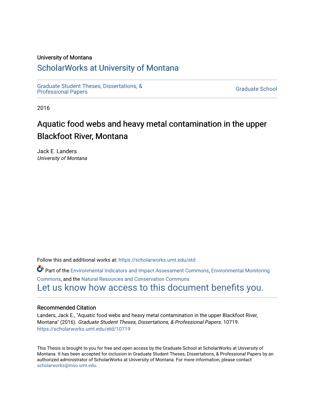 Aquatic Food Webs and Heavy Metal Contamination in the Upper Blackfoot River, Montana