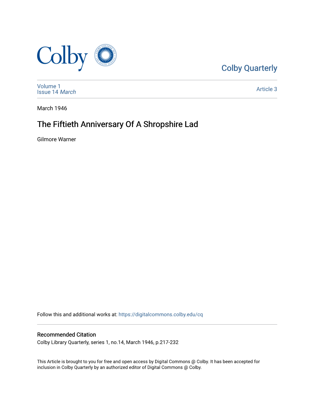 The Fiftieth Anniversary of a Shropshire Lad