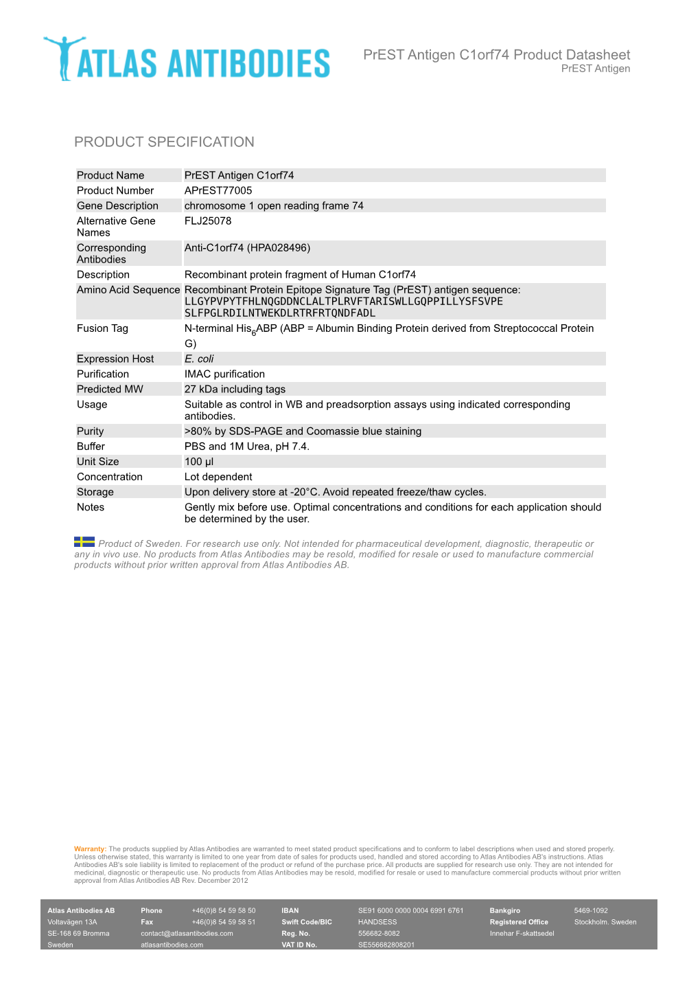 PRODUCT SPECIFICATION Prest Antigen C1orf74 Product