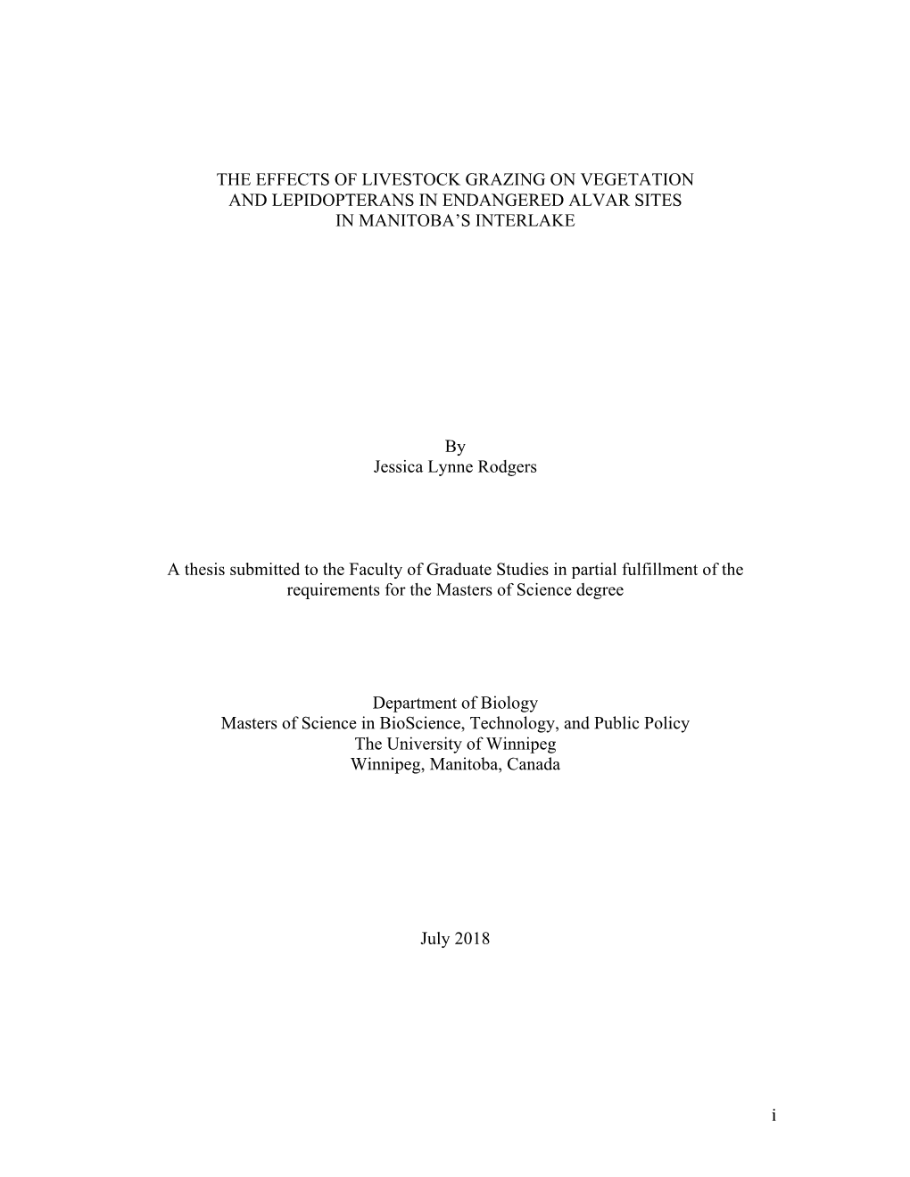 The Effects of Livestock Grazing on Vegetation and Lepidopterans in Endangered Alvar Sites in Manitoba’S Interlake