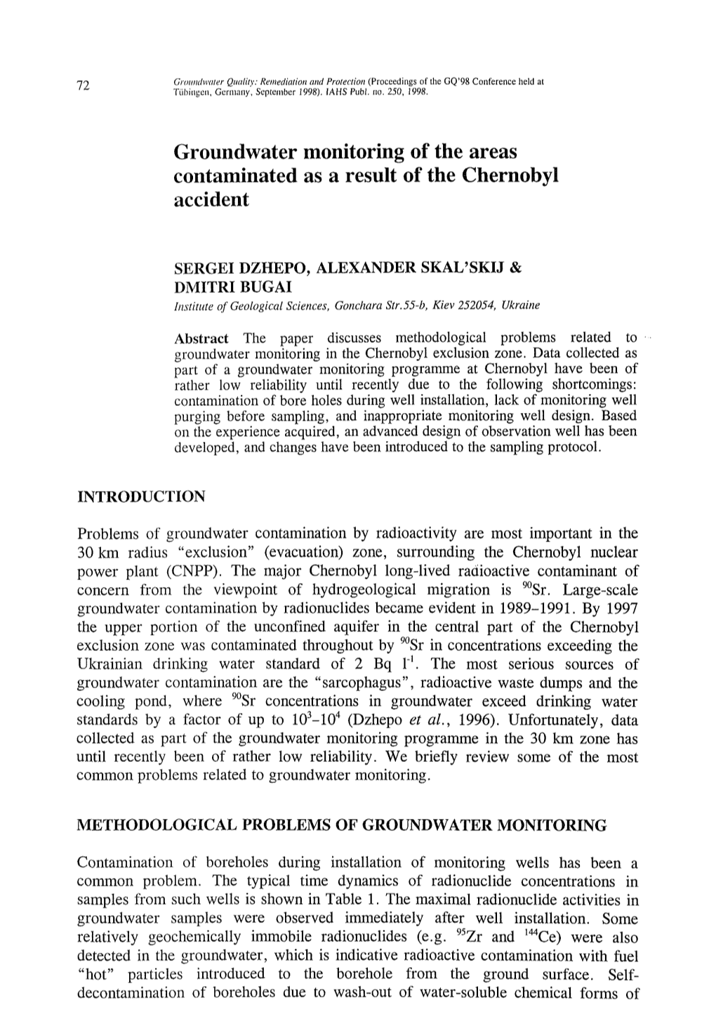 Groundwater Monitoring of the Areas Contaminated As a Result of the Chernobyl Accident