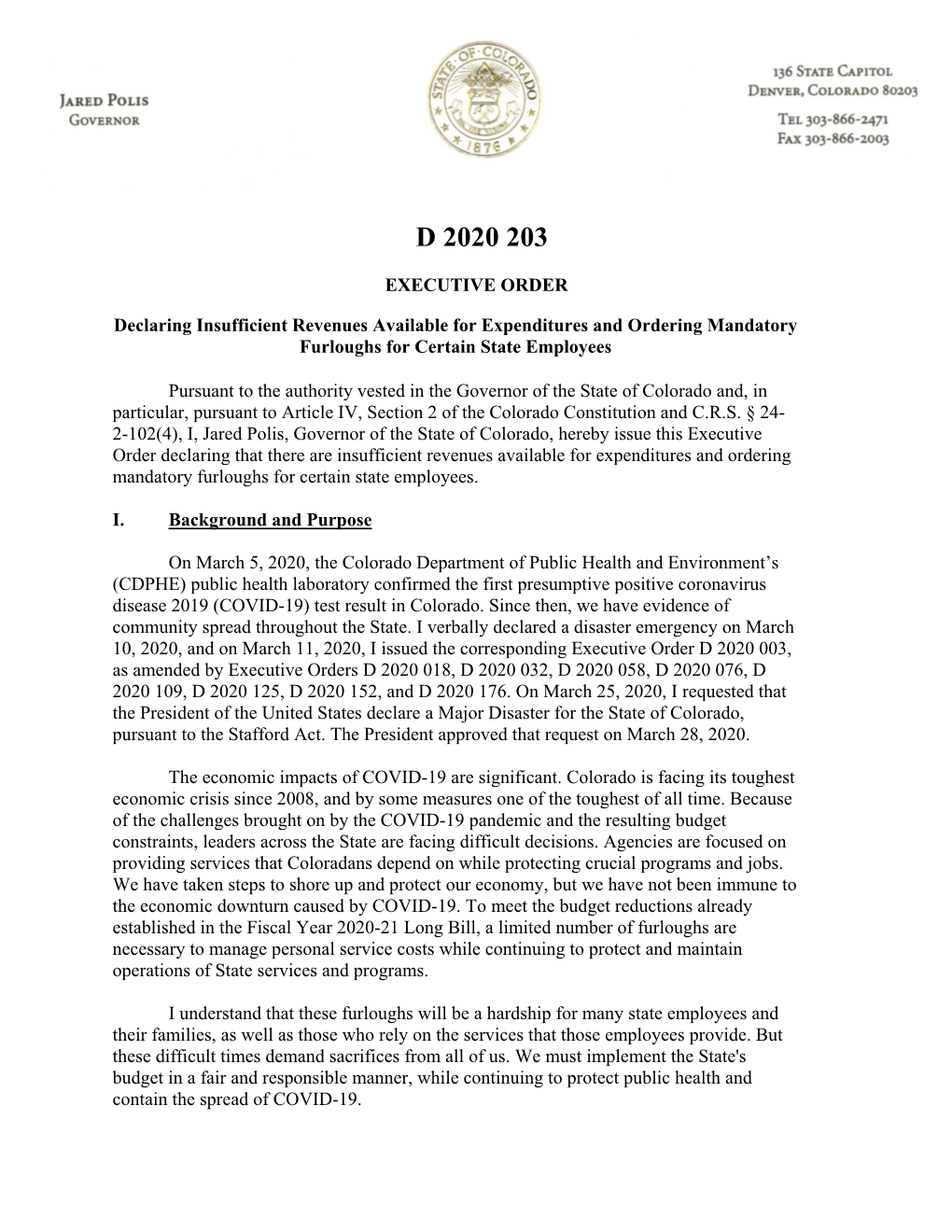 Executive Order D 2020 003, As Amended by Executive Orders D 2020 018, D 2020 032, D 2020 058, D 2020 076, D 2020 109, D 2020 125, D 2020 152, and D 2020 176