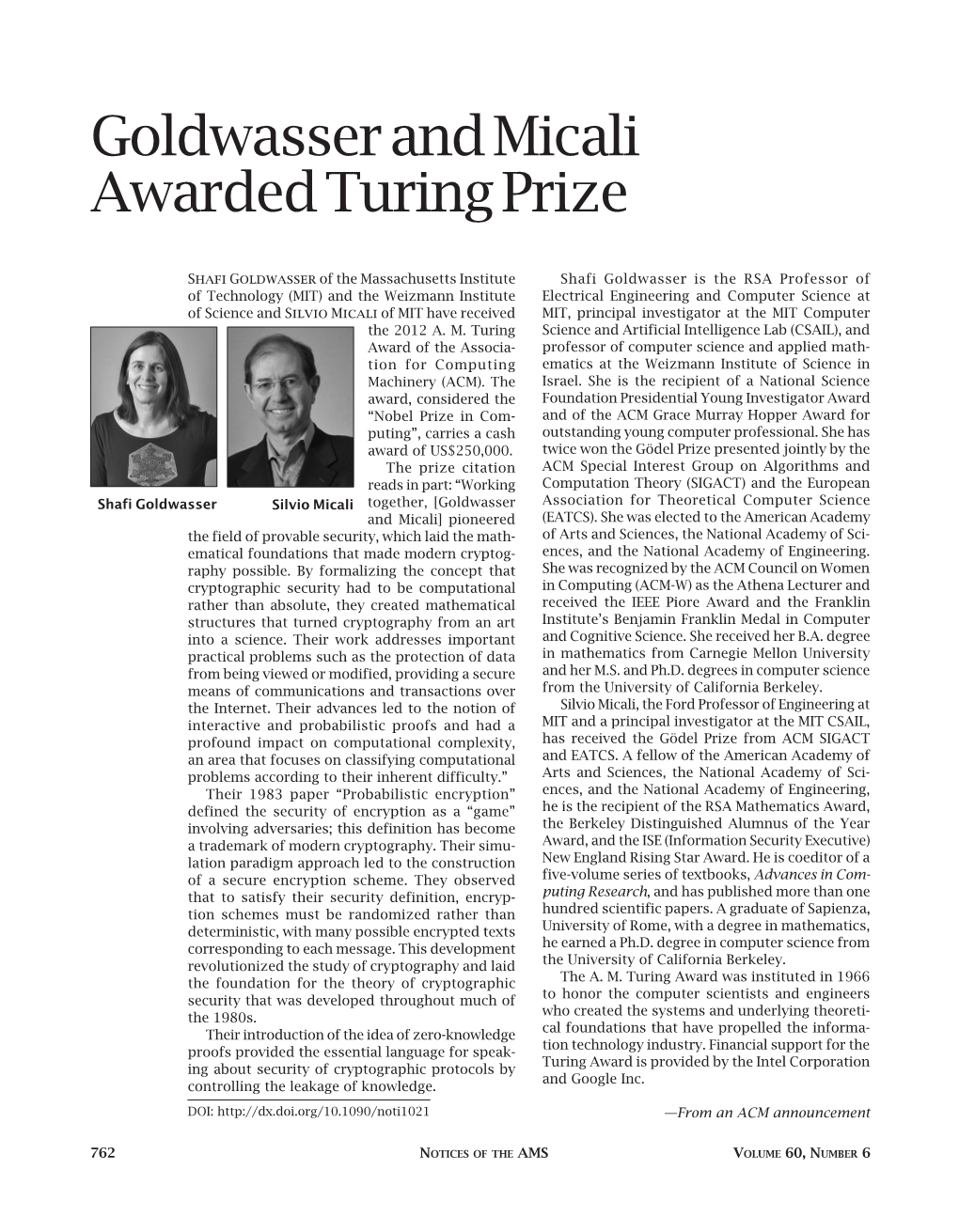 Goldwasser and Micali Awarded Turing Prize