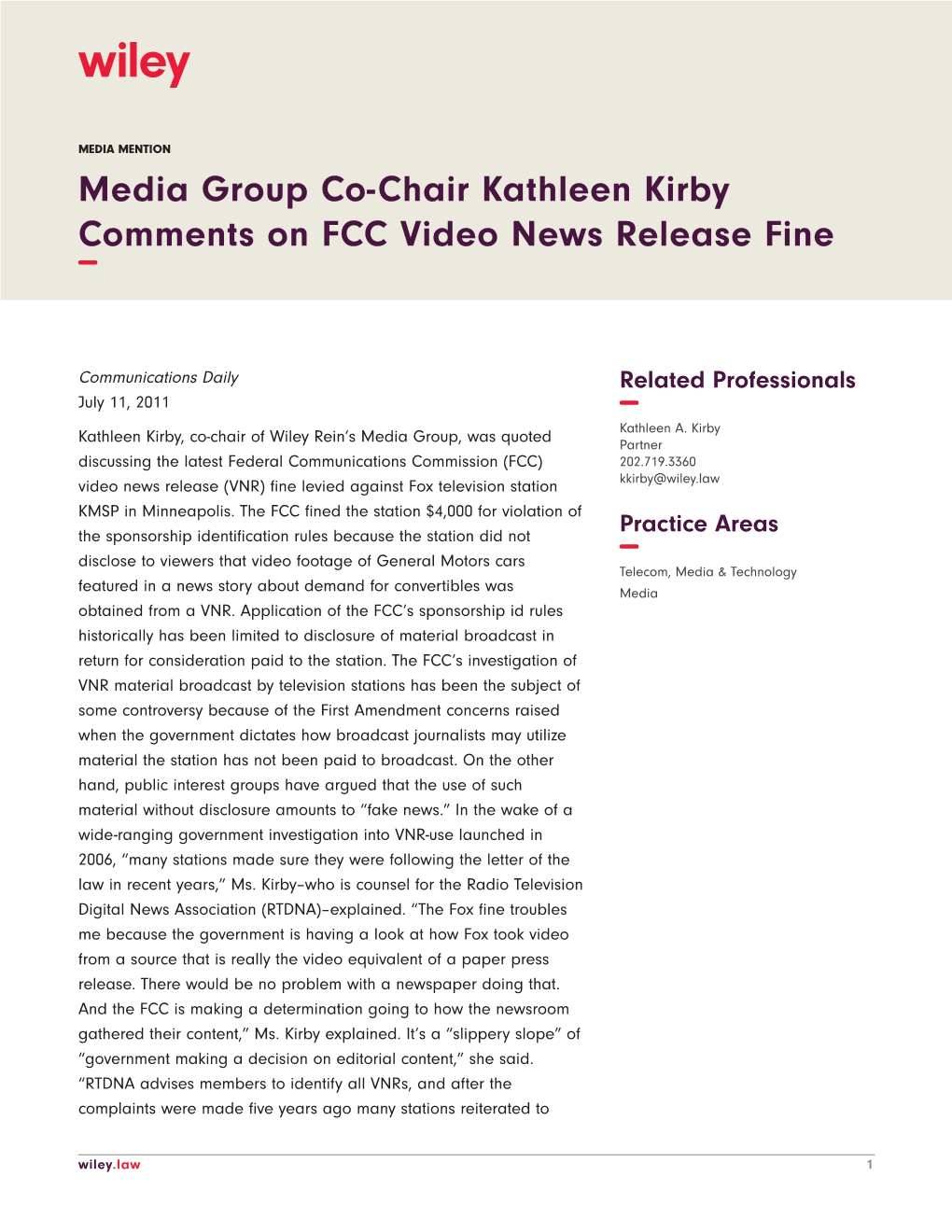 Media Group Co-Chair Kathleen Kirby Comments on FCC Video News Release Fine −