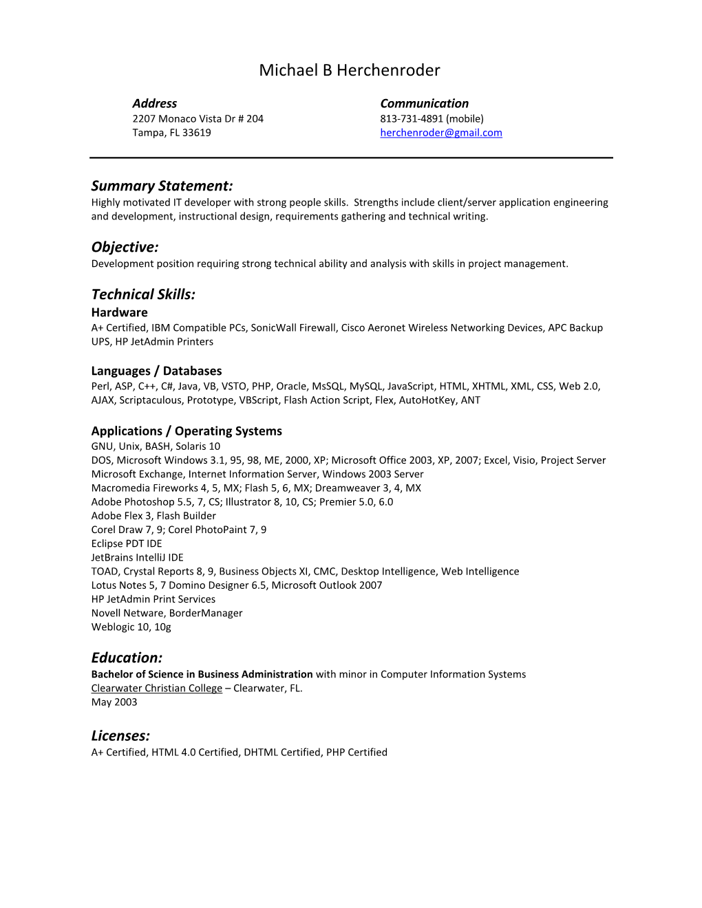 Michael Herchenroder Resume