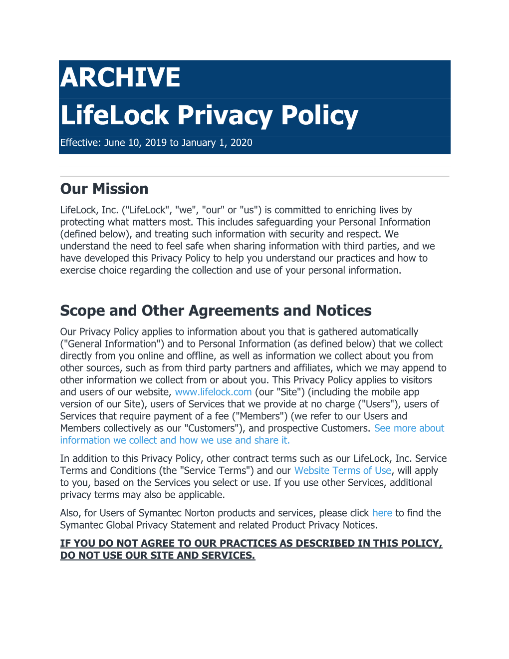 ARCHIVE Lifelock Privacy Policy Effective: June 10, 2019 to January 1, 2020