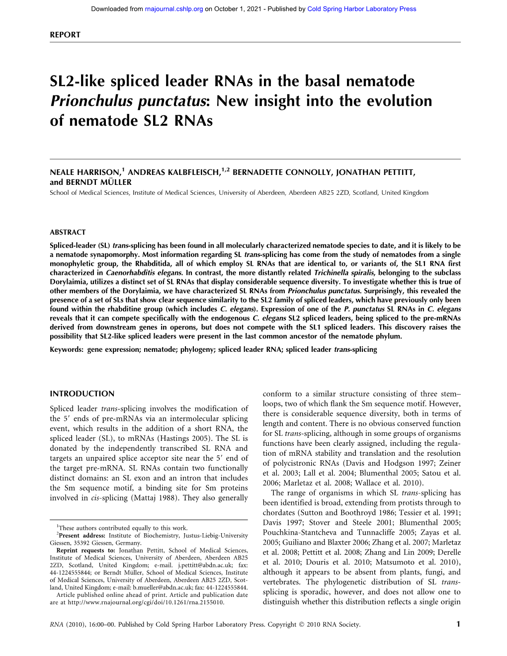 SL2-Like Spliced Leader Rnas in the Basal Nematode Prionchulus Punctatus: New Insight Into the Evolution of Nematode SL2 Rnas