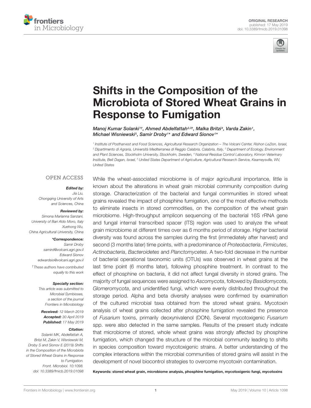 Shifts in the Composition of the Microbiota of Stored Wheat Grains in Response to Fumigation