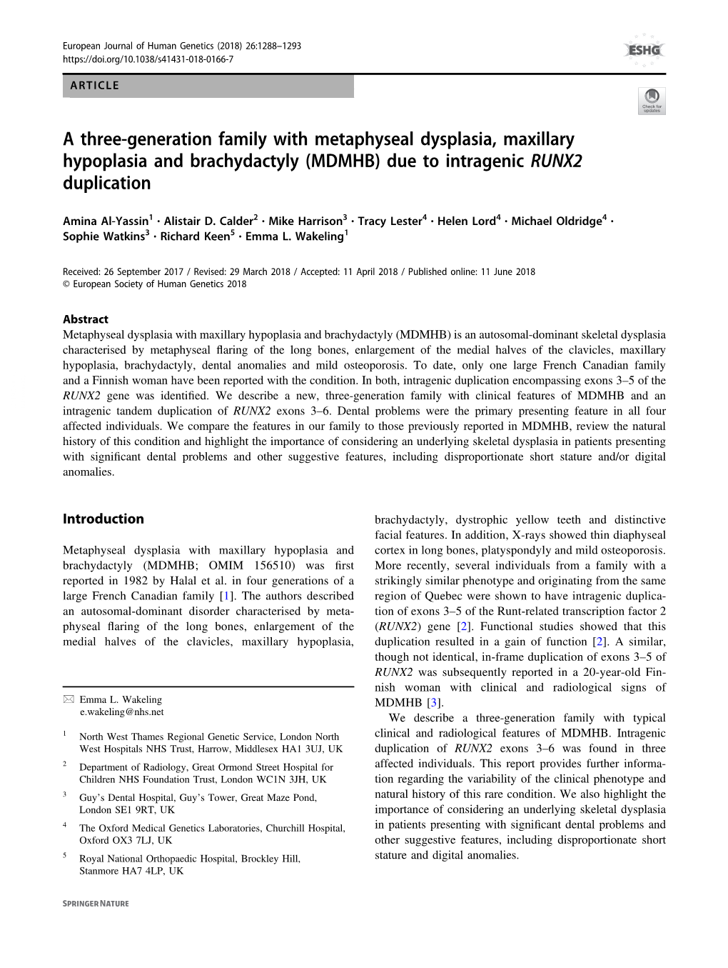 A Three-Generation Family with Metaphyseal Dysplasia, Maxillary Hypoplasia and Brachydactyly (MDMHB) Due to Intragenic RUNX2 Duplication