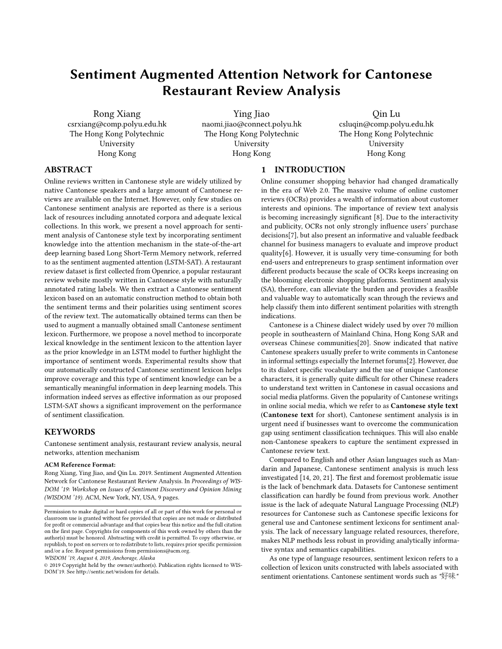 Sentiment Augmented Attention Network for Cantonese Restaurant Review Analysis