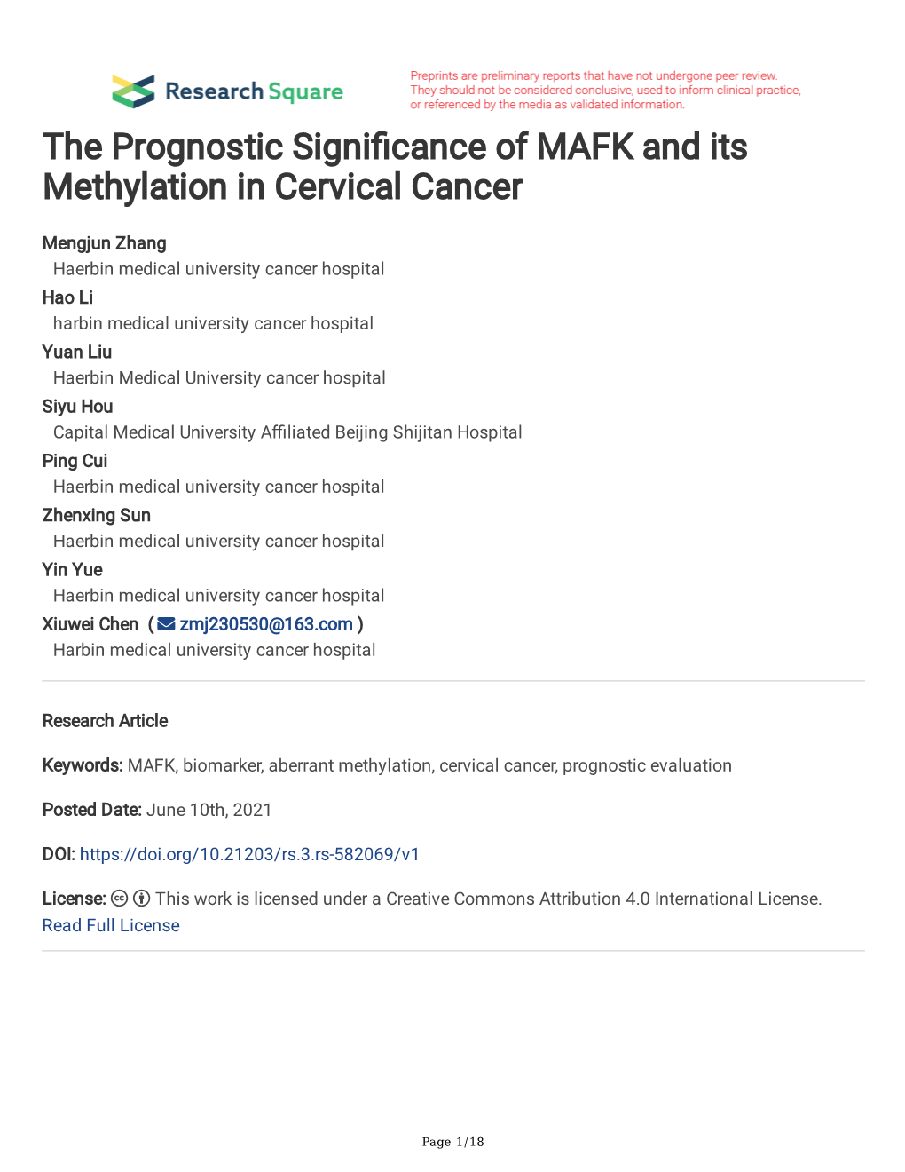 The Prognostic Signi Cance of MAFK and Its Methylation in Cervical Cancer