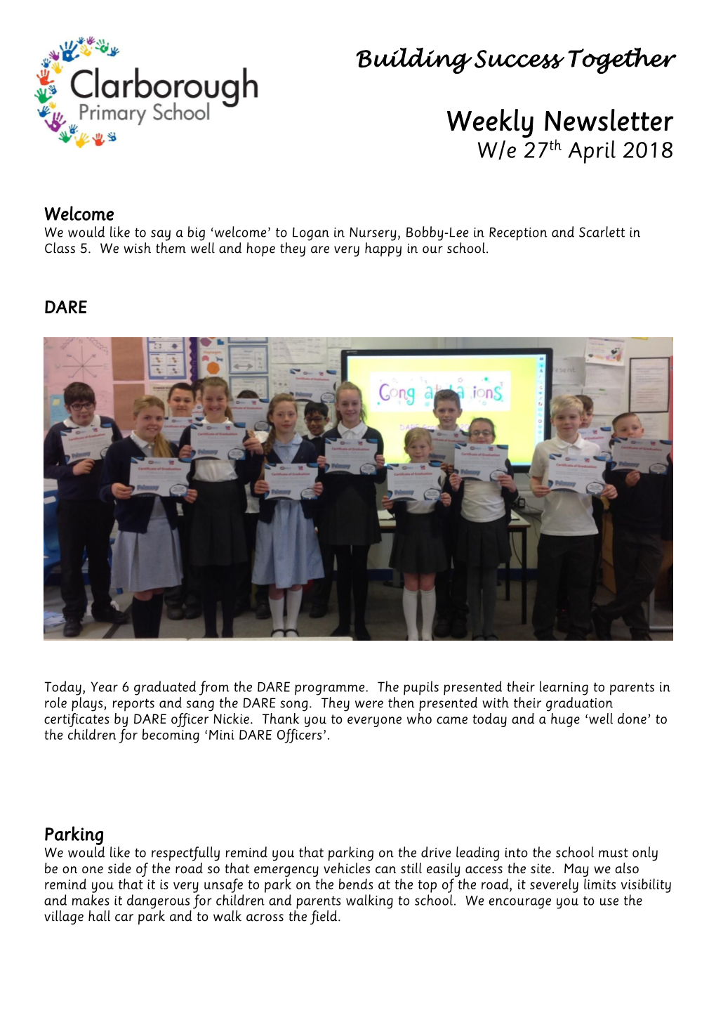 Weekly Newsletter W/E 27Th April 2018