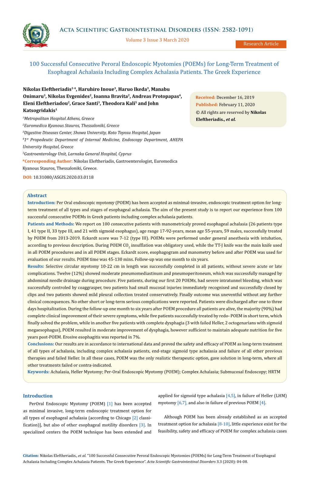 100 Successful Consecutive Peroral Endoscopic Myotomies (Poems) for Long-Term Treatment of Esophageal Achalasia Including Complex Achalasia Patients