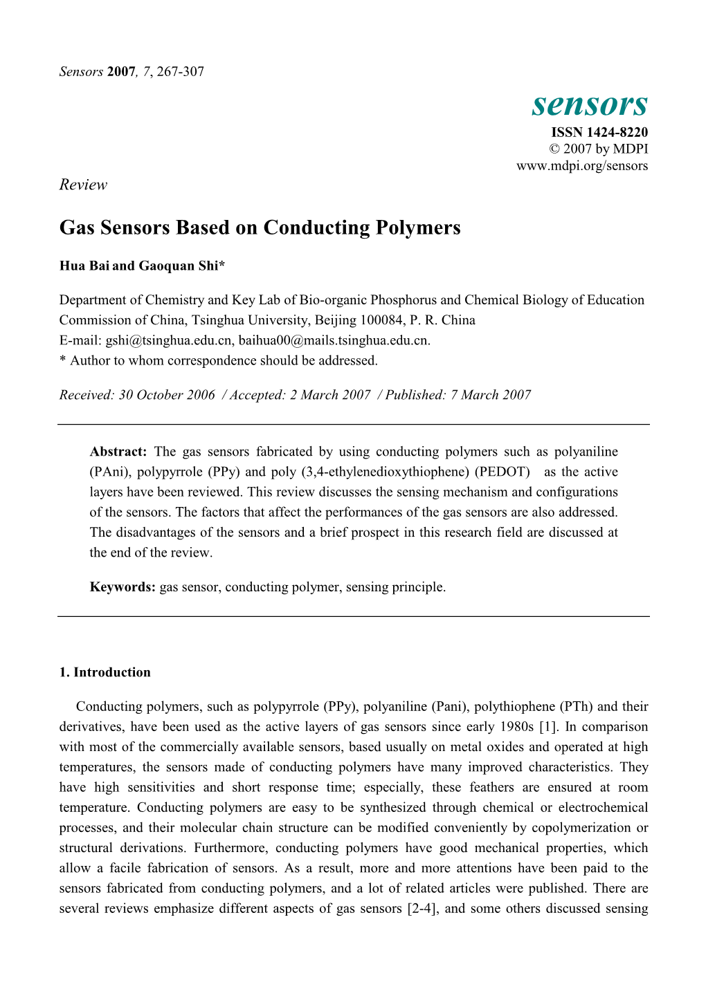 Gas Sensors Based on Conducting Polymers