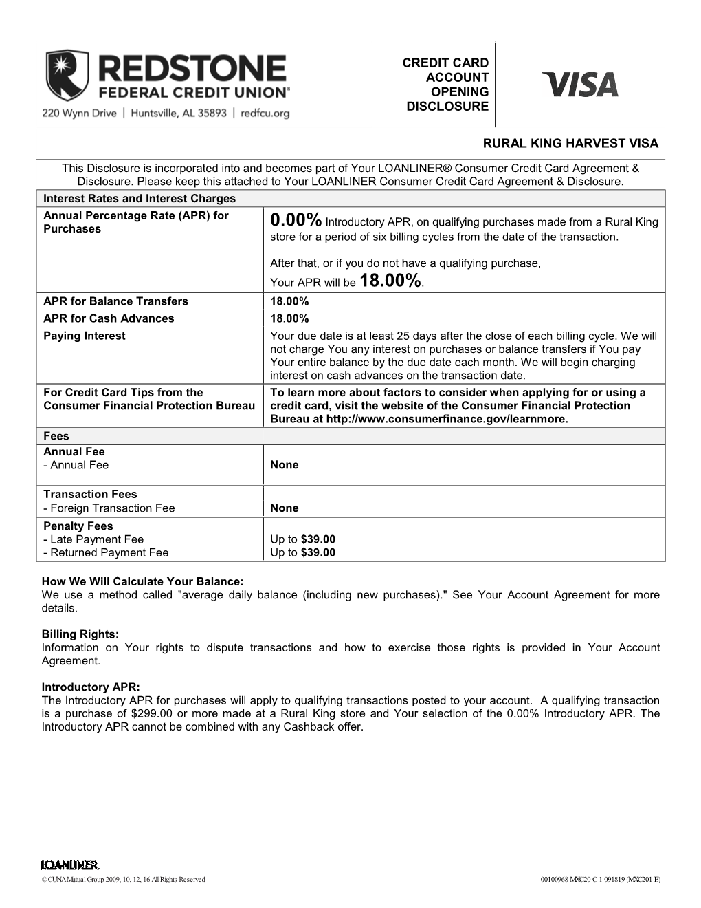 Rural King Harvest Visa Credit Card Agreement