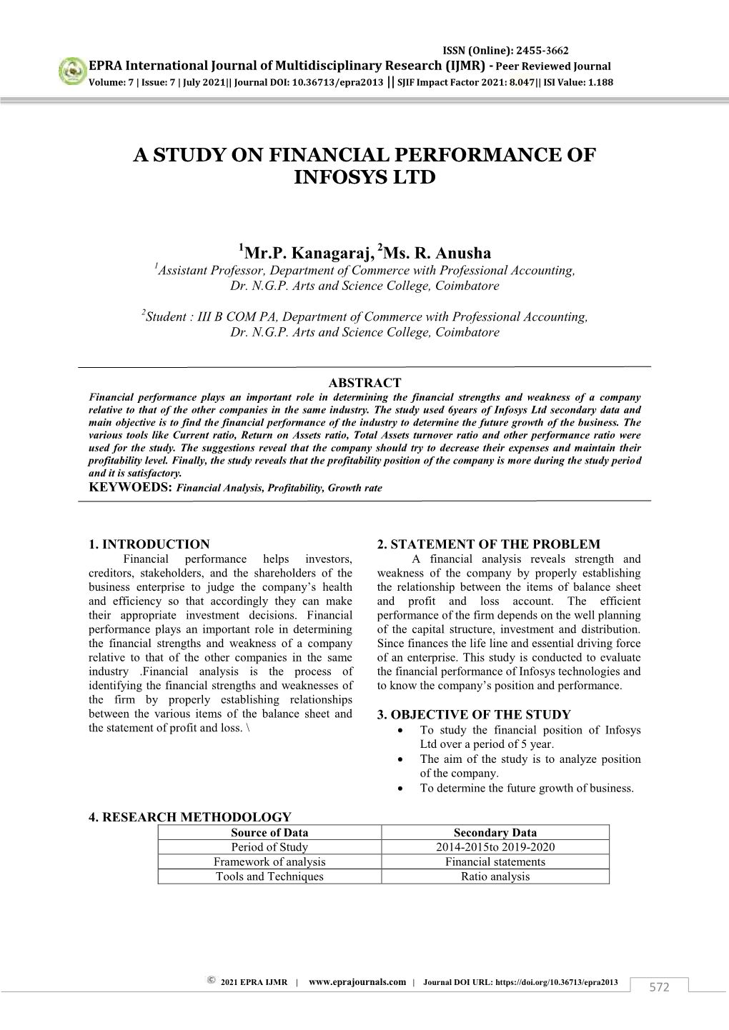 A Study on Financial Performance of Infosys Ltd