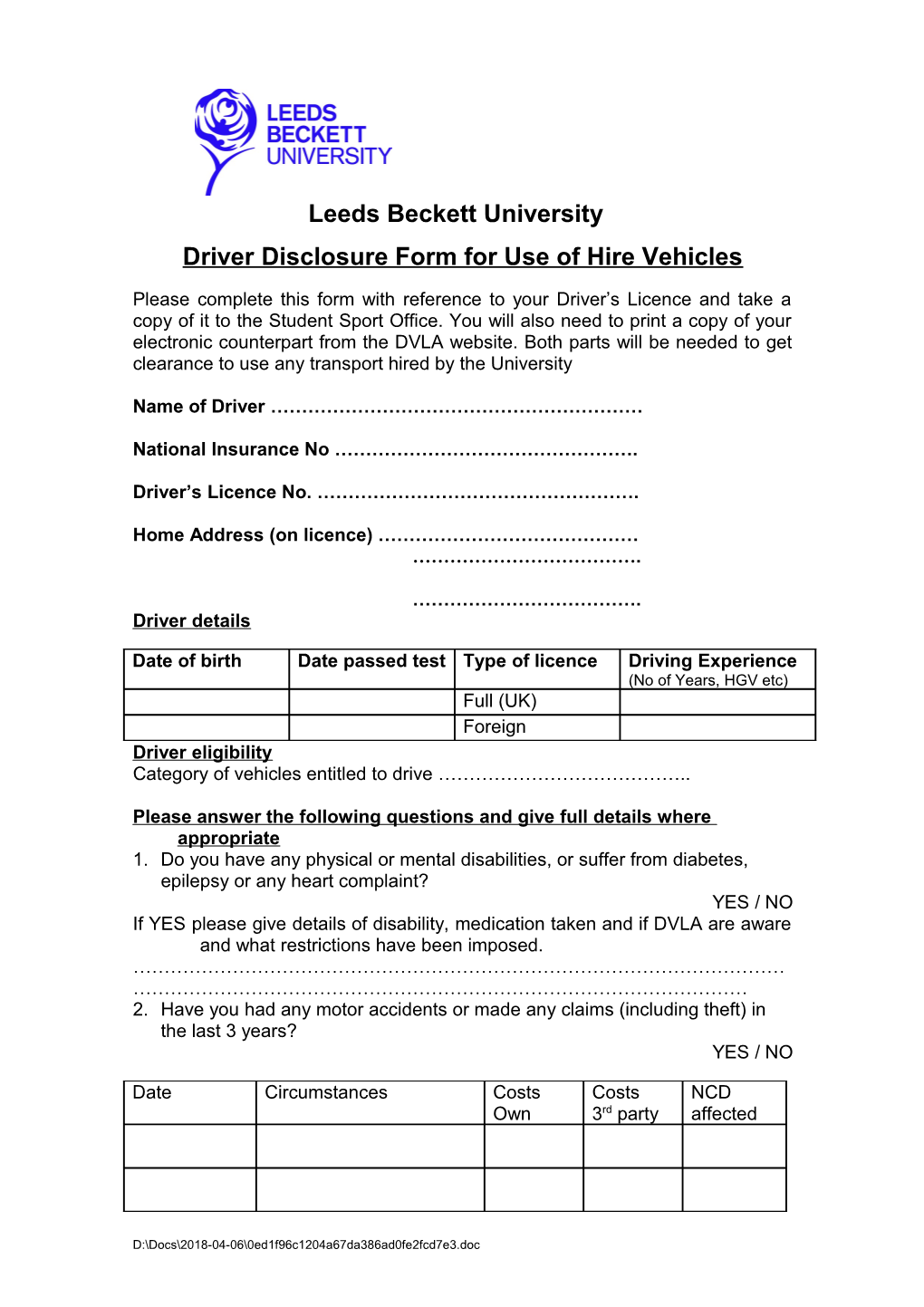 LMUSU Driver Disclosure Form