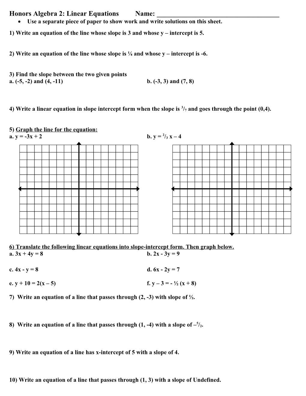 1) Write an Equation of the Line Whose Slope Is 3 and Whose Y Intercept Is 5